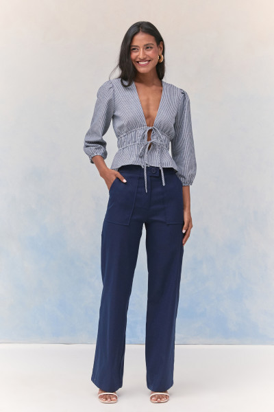 Blusa Bata Analu Listrada Marinho