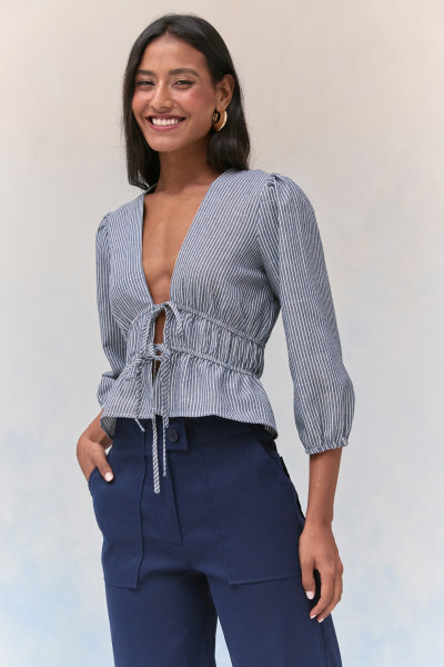 Blusa Bata Analu Listrada Marinho