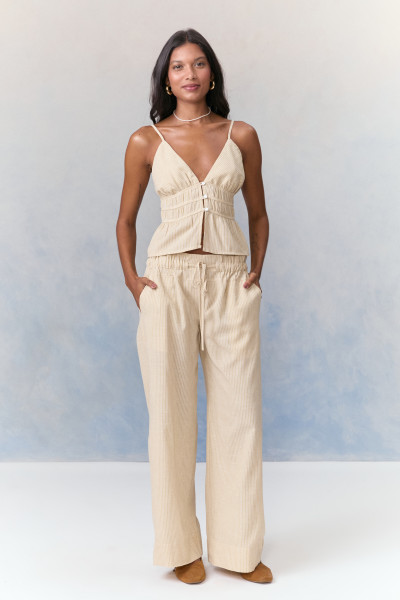 Calça Reta Linho Striped Bege