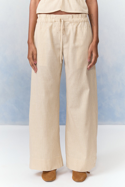 Calça Reta Linho Striped Bege