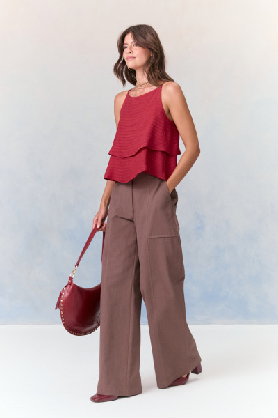 Calça Pantalona Cotton Renda Marrom