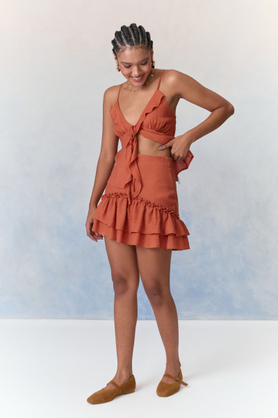 Saia Frufru Crepe Leonie Terracota