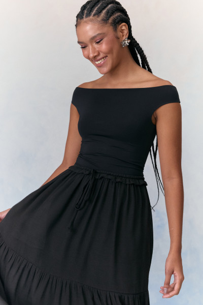 Blusa Ombro A Ombro Malha Poli Preto