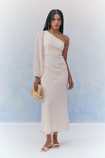 Vestido Midi Maquinetado Granê Sadie Bege