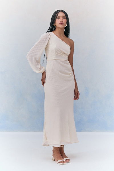 Vestido Midi Maquinetado Granê Sadie Bege