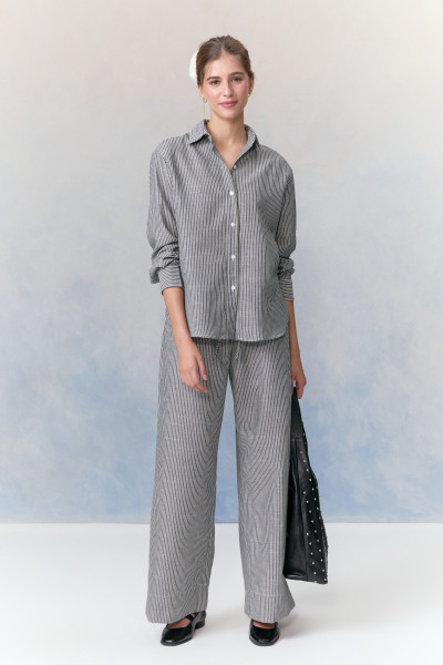 Calça Reta Linho Striped Preto