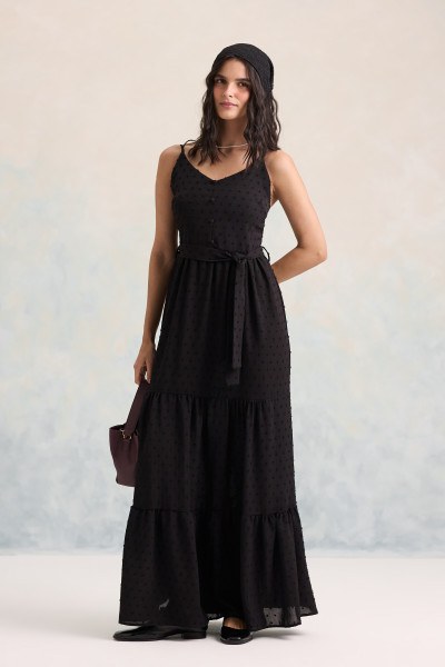 Vestido Midi Flocado Yuna Preto