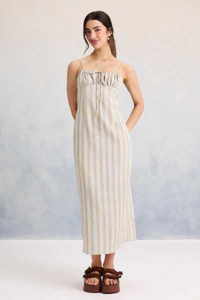 Vestido Midi Stripes Gia Marrom Claro