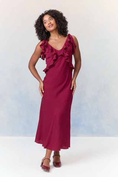 Vestido Midi Babados Vinho