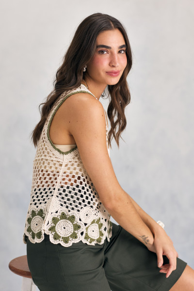 Regata Crochê Flores Verde