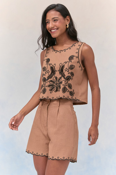 Blusa Bordado Minari Marrom Claro